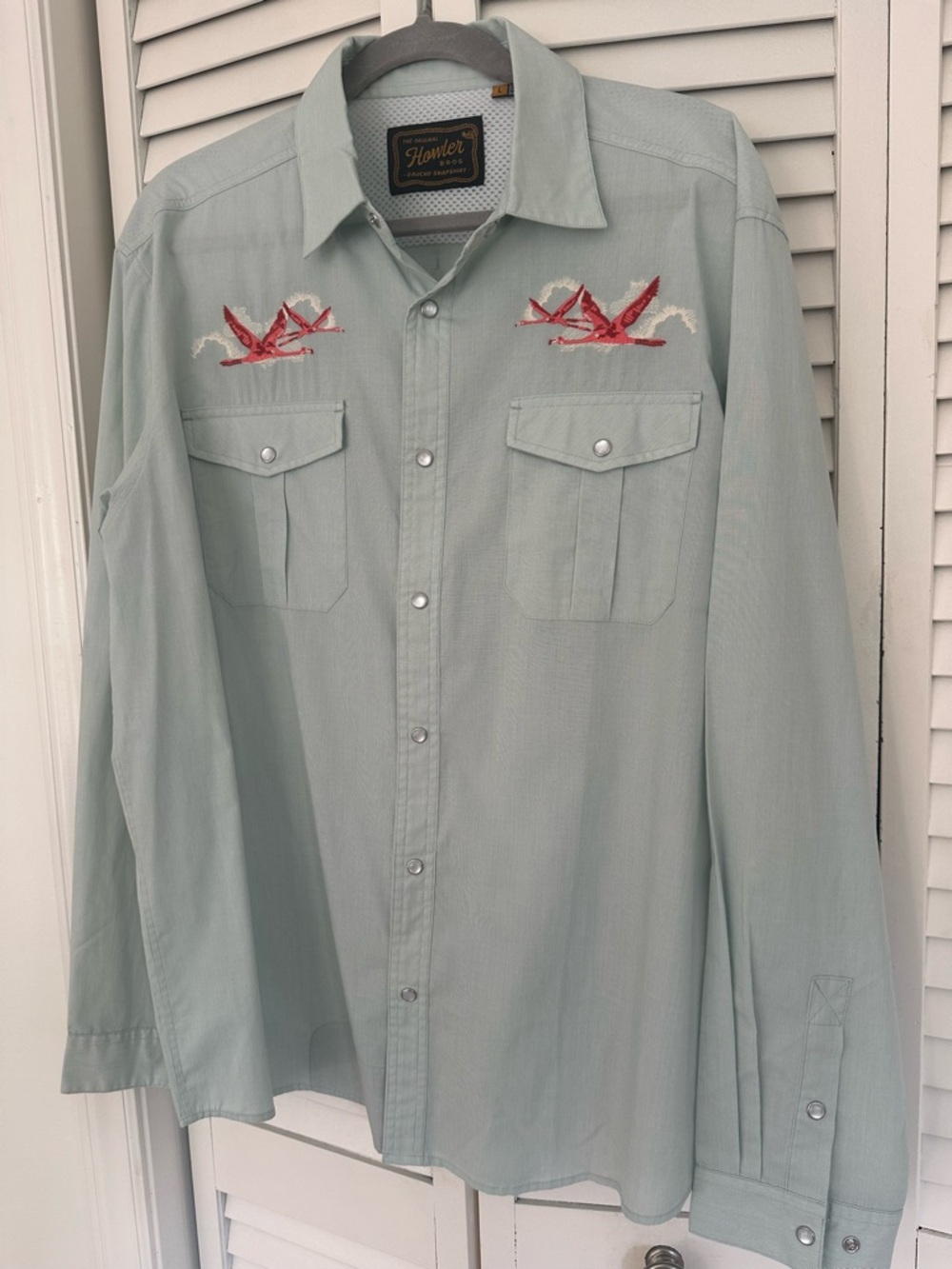 Howler Brothers Light Mint Button-Down Shirt with Red Embroidery